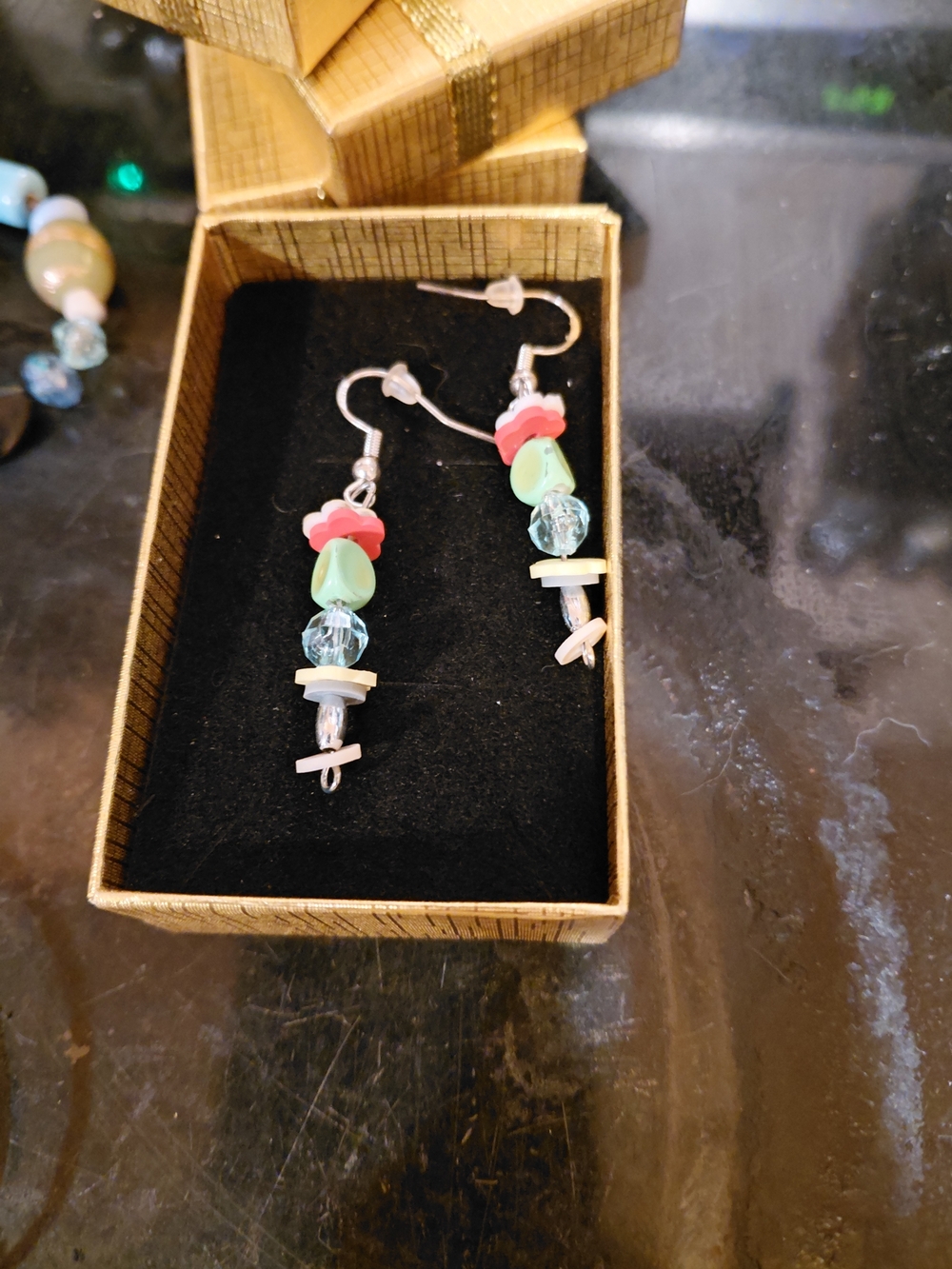 Pastel Green and Pink Beaded Drop Earrings
